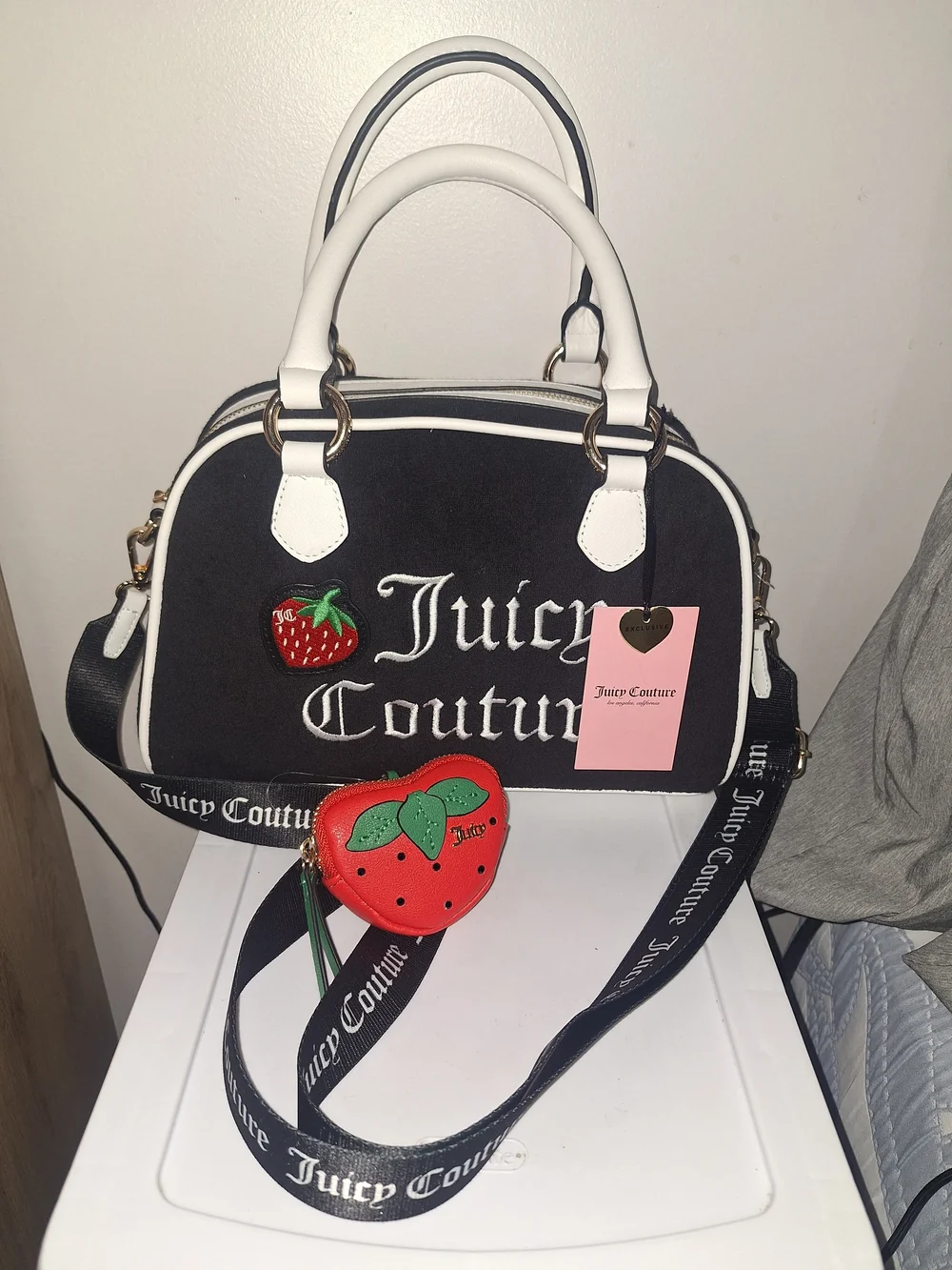EXCLUSIVE Juicy Couture Black and White Satchel with Red Strawberry Accent - Picture 1 of 8